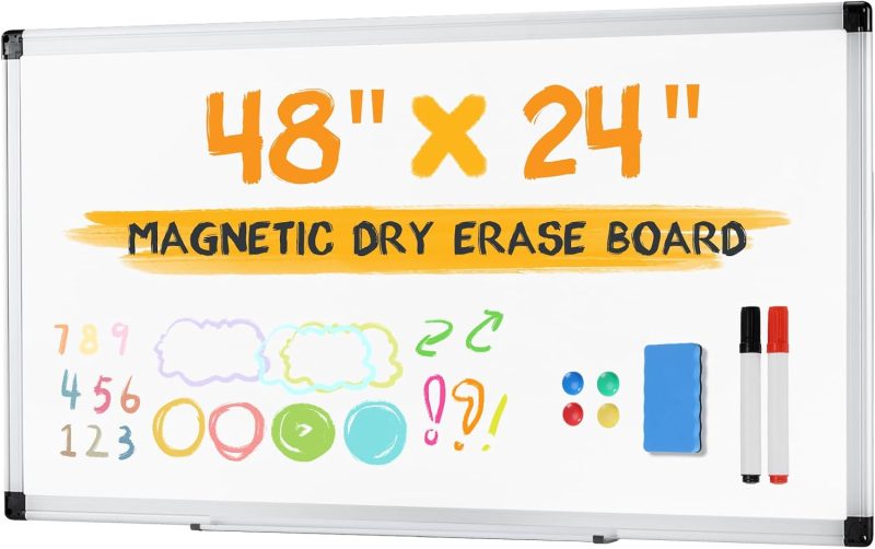 White Board, 48 x 32 Inch Magnetic Dry Erase Board for Wall with 1 Dry Eraser & 2 Multi-Color Markers & 4 Magnetic Pins, Silver Aluminum Frame for Office, Home, School - view 1 of 6 | NEWBULIG