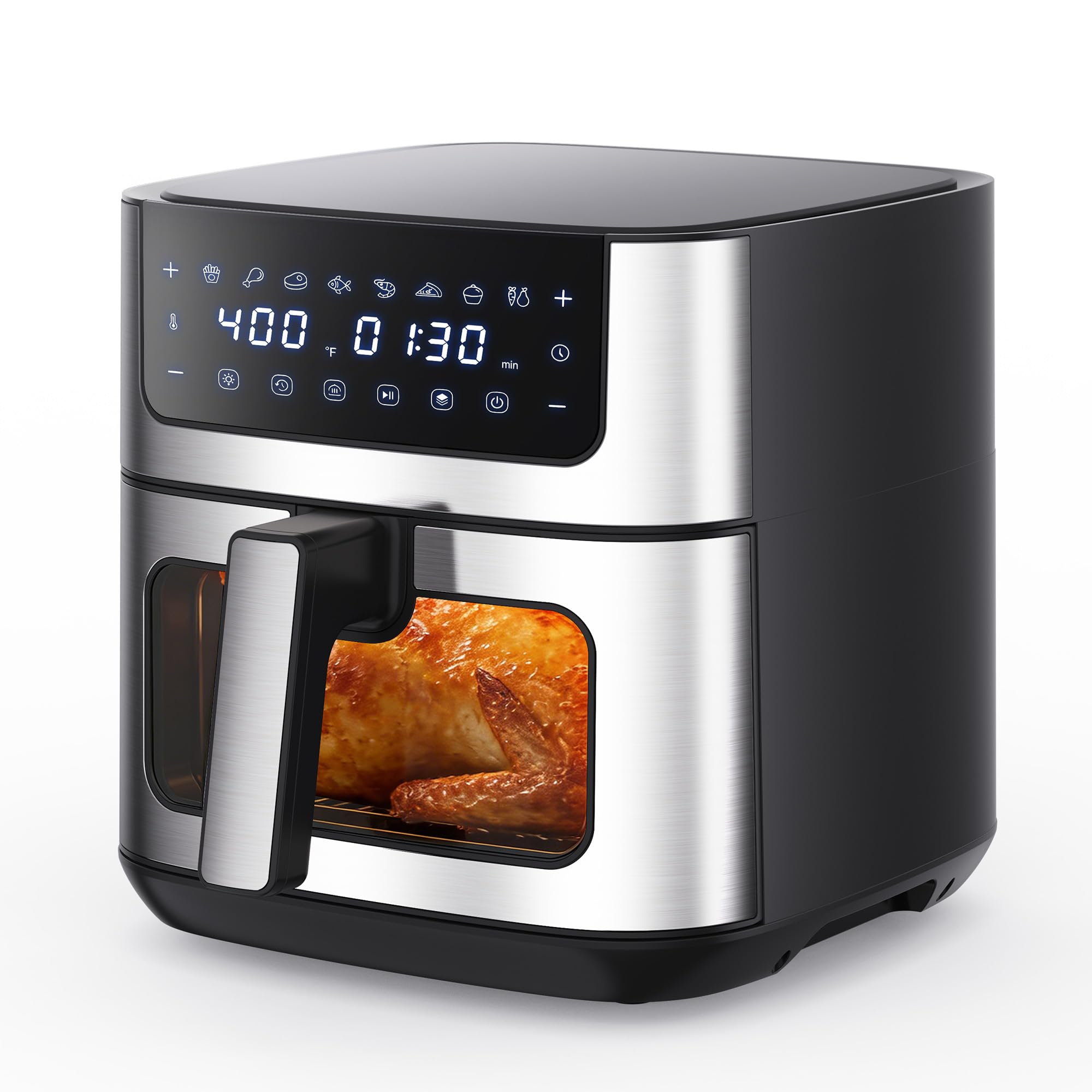 NEWBULIG Air Fryer 6.34QT Airfryer with Visible Window 400F Fast Heating Stainless Steel Air Fryers Oven with Nonstick and Dishwasher-Safe Basket 8-in-1 Cooking Preset with Timer Auto-Off