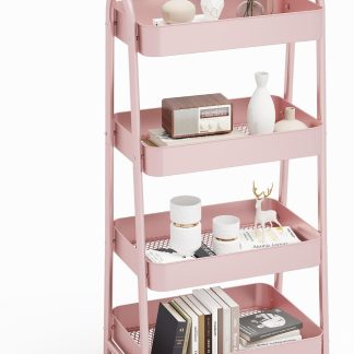 3-Tier Metal Rolling Cart with Lockable Wheels, Heavy Duty Mobile Utility Storage Shelf, Roller Book Snack Cart, Organization for Livingroom, Bathroom, Office, Pink - Pink | NEWBULIG