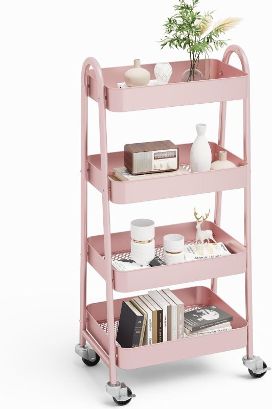 3-Tier Metal Rolling Cart with Lockable Wheels, Heavy Duty Mobile Utility Storage Shelf, Roller Book Snack Cart, Organization for Livingroom, Bathroom, Office, Pink - view 1 of 6 | NEWBULIG