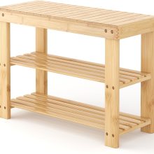 Shoe Rack Bench, 3-Tier Bamboo Shoe Organizer, Wooden Entryway Storage Bench, 286 lb Load Capacity, 11.2×27.6×17.9 Inches, for Entryway Bathroom Bedroom Balcony, Black - view 1 of 6 | NEWBULIG