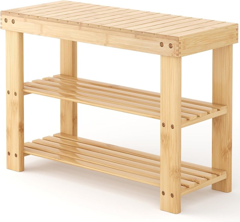 Shoe Rack Bench, 3-Tier Bamboo Shoe Organizer, Wooden Entryway Storage Bench, 286 lb Load Capacity, 11.2×27.6×17.9 Inches, for Entryway Bathroom Bedroom Balcony, Black - view 1 of 6 | NEWBULIG