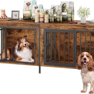 54 Inch Double Dog Crate Furniture for 2 Dogs, Gray Wood Grain - Rustic Brown | NEWBULIG