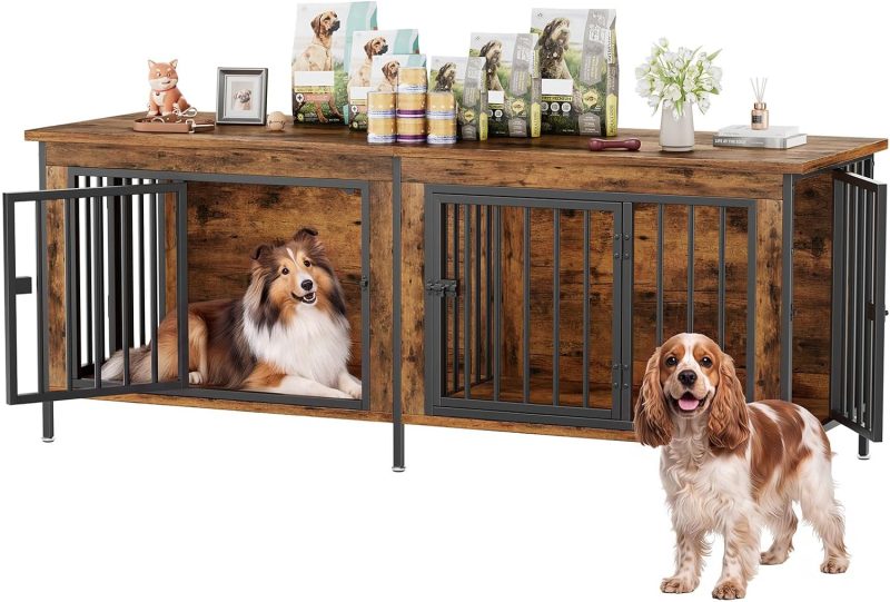54 Inch Double Dog Crate Furniture for 2 Dogs, Gray Wood Grain - view 1 of 6 | NEWBULIG