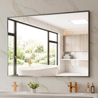 30 x 36 Inch Gold Rectangle Bathroom Mirror for Wall, Modern Wall Mirror with Metal Frame, Tempered Glass, Vanity Mirror for Over Sink, Entryway, Living Room, Anti-Rust, Horizontal or Vertical - Black-rec | NEWBULIG
