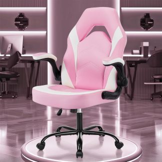 Computer Gaming Desk Chair, Big Tall Ergonomic Lumbar Support with Flip-up Armrest and 360 Degree Swivel Wheels, PU Leather Height Adjustable, for Home and Office, Grey - Pink | NEWBULIG