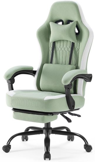 Computer Gaming Desk Chair, Big Tall Ergonomic Lumbar Support with Flip-up Armrest and 360 Degree Swivel Wheels, PU Leather Height Adjustable, for Home and Office, Grey - Light Green | NEWBULIG