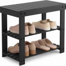 Shoe Rack Bench, 3-Tier Bamboo Shoe Organizer, Wooden Entryway Storage Bench, 286 lb Load Capacity, 11.2×27.6×17.9 Inches, for Entryway Bathroom Bedroom Balcony, Black - view 1 of 6 | NEWBULIG