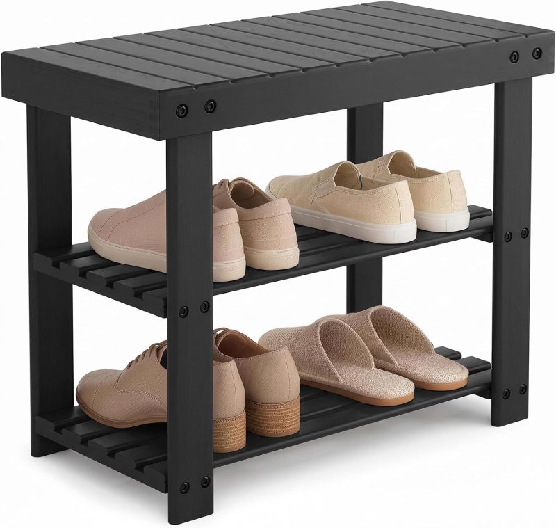 Shoe Rack Bench, 3-Tier Bamboo Shoe Organizer, Wooden Entryway Storage Bench, 286 lb Load Capacity, 11.2×27.6×17.9 Inches, for Entryway Bathroom Bedroom Balcony, Black - view 1 of 6 | NEWBULIG