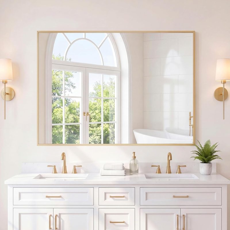 30 x 36 Inch Gold Rectangle Bathroom Mirror for Wall, Modern Wall Mirror with Metal Frame, Tempered Glass, Vanity Mirror for Over Sink, Entryway, Living Room, Anti-Rust, Horizontal or Vertical - view 1 of 6 | NEWBULIG