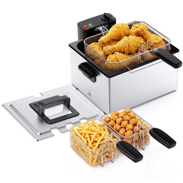 NEWBULIG Deep Fryer with Basket, 5 Liter Electric Deep Fryer with 1800W Power, Adjustable Temperature, Lid with Viewing Window for Fried Chicken, Shrimp, French Fries, Silver