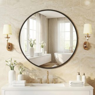 28-Inch Round Wall Mirror, Bathroom Wall Circle Mirror - Black-round | NEWBULIG