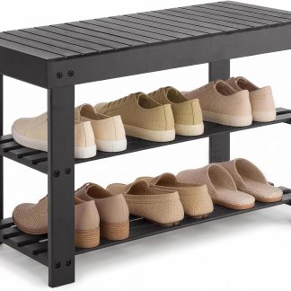 Shoe Rack Bench, 3-Tier Bamboo Shoe Organizer, Wooden Entryway Storage Bench, 286 lb Load Capacity, 11.2×27.6×17.9 Inches, for Entryway Bathroom Bedroom Balcony, Black - Black | NEWBULIG