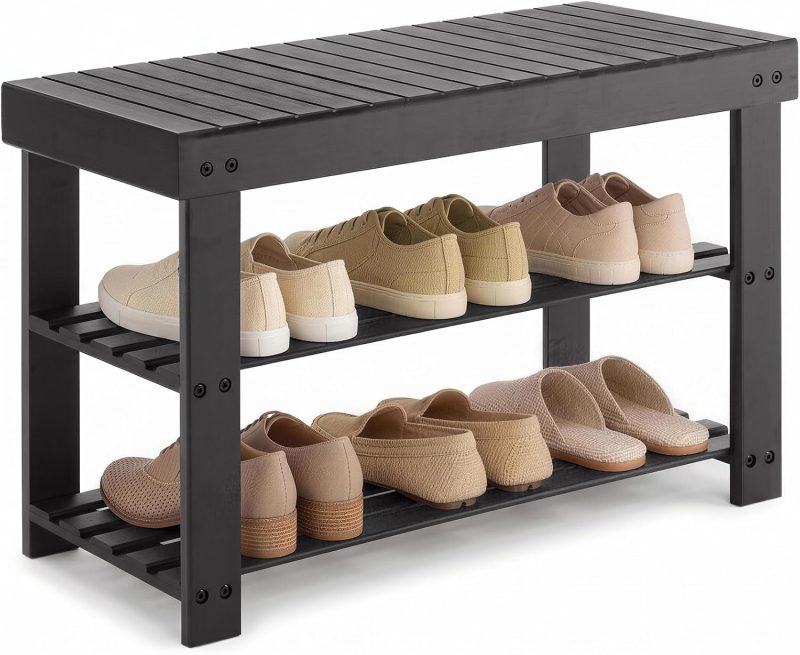 Shoe Rack Bench, 3-Tier Bamboo Shoe Organizer, Wooden Entryway Storage Bench, 286 lb Load Capacity, 11.2×27.6×17.9 Inches, for Entryway Bathroom Bedroom Balcony, Black - view 1 of 6 | NEWBULIG