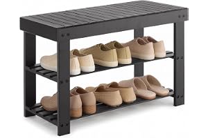 NEWBULIG Shoe Rack Bench, 3-Tier Bamboo Shoe Organizer, Wooden Entryway Storage Bench, 286 lb Load Capacity, 11.2x27.6x17.9 Inches, for Entryway Bathroom Bedroom Balcony, Black