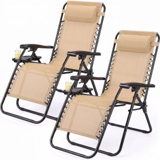 Zero Gravity Chairs Set of 2, Folding Lounge Recliner Chair - Khaki | NEWBULIG