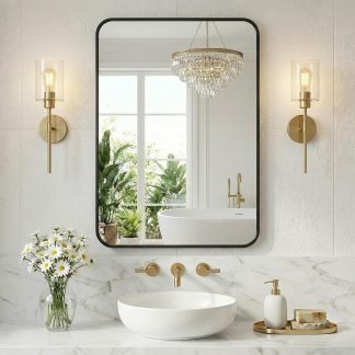 30 x 36 Inch Gold Rectangle Bathroom Mirror for Wall, Modern Wall Mirror with Metal Frame, Tempered Glass, Vanity Mirror for Over Sink, Entryway, Living Room, Anti-Rust, Horizontal or Vertical - Black | NEWBULIG