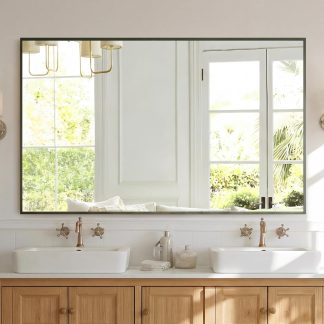 30 x 36 Inch Gold Rectangle Bathroom Mirror for Wall, Modern Wall Mirror with Metal Frame, Tempered Glass, Vanity Mirror for Over Sink, Entryway, Living Room, Anti-Rust, Horizontal or Vertical - Black-rec | NEWBULIG