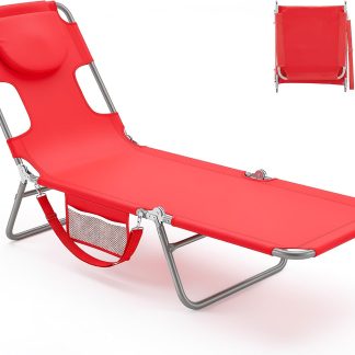 Beach Lounge Chair Outdoor, Tanning Chair with Face Hole, Pink - Classic Red | NEWBULIG