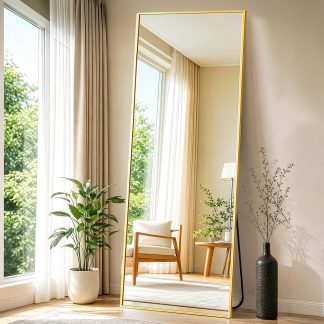 64×21 Inch Full Length Mirror, Full Body Standing Mirror, Black - Gold Rect | NEWBULIG