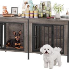 54 Inch Double Dog Crate Furniture for 2 Dogs, Gray Wood Grain - view 1 of 6 | NEWBULIG