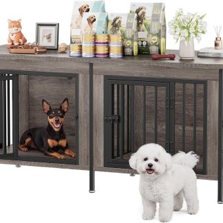 54 Inch Double Dog Crate Furniture for 2 Dogs, Gray Wood Grain - Grey Wood Grain | NEWBULIG