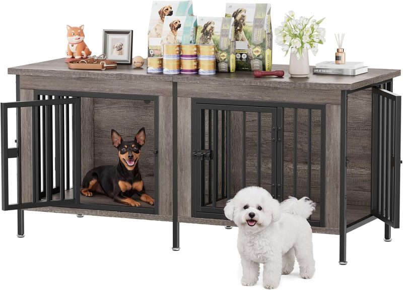 54 Inch Double Dog Crate Furniture for 2 Dogs, Gray Wood Grain - view 1 of 6 | NEWBULIG