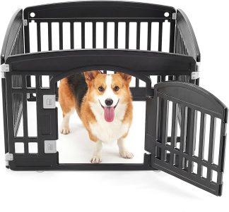 Dog Playpen 4-Panel, 24IN Puppy Playpen, Stable Dog Play Pen Indoors/Outdoor with Secure Locking Door, Plastic Pet Fence for Small & Medium Dogs - Black | NEWBULIG