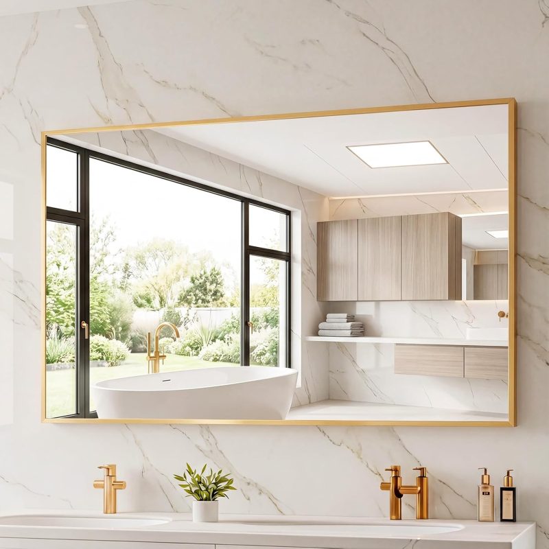 30 x 36 Inch Gold Rectangle Bathroom Mirror for Wall, Modern Wall Mirror with Metal Frame, Tempered Glass, Vanity Mirror for Over Sink, Entryway, Living Room, Anti-Rust, Horizontal or Vertical - view 1 of 6 | NEWBULIG