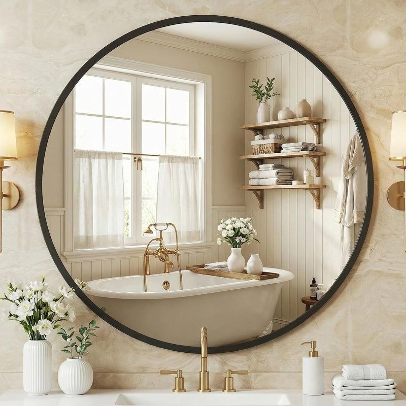28-Inch Round Wall Mirror, Bathroom Wall Circle Mirror - view 1 of 6 | NEWBULIG
