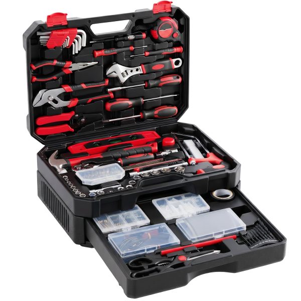 NEWBULIG 330-Piece Complete Tool Box Set, Durable Homeowners Tool Kit with Pull-Out Drawer, Versatile Home Repair Kit for Auto & Household, DIY Projects, Black-Red