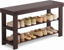 Shoe Rack Bench, 3-Tier Bamboo Shoe Organizer, Wooden Entryway Storage Bench, 286 lb Load Capacity, 11.2×27.6×17.9 Inches, for Entryway Bathroom Bedroom Balcony, Black - view 1 of 6 | NEWBULIG