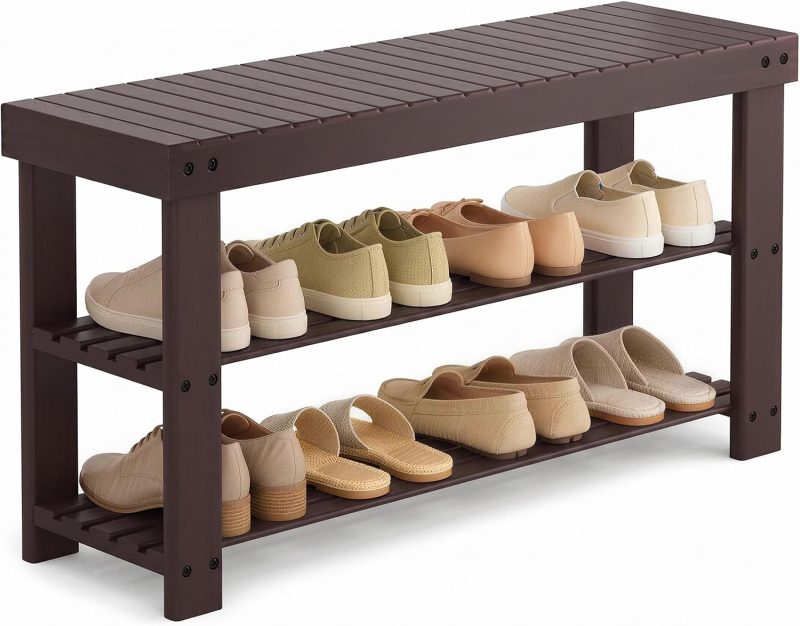 Shoe Rack Bench, 3-Tier Bamboo Shoe Organizer, Wooden Entryway Storage Bench, 286 lb Load Capacity, 11.2×27.6×17.9 Inches, for Entryway Bathroom Bedroom Balcony, Black - view 1 of 6 | NEWBULIG