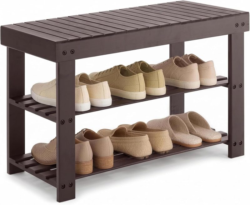 Shoe Rack Bench, 3-Tier Bamboo Shoe Organizer, Wooden Entryway Storage Bench, 286 lb Load Capacity, 11.2×27.6×17.9 Inches, for Entryway Bathroom Bedroom Balcony, Black - view 1 of 6 | NEWBULIG
