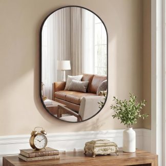 30 x 36 Inch Gold Rectangle Bathroom Mirror for Wall, Modern Wall Mirror with Metal Frame, Tempered Glass, Vanity Mirror for Over Sink, Entryway, Living Room, Anti-Rust, Horizontal or Vertical - Black-oval | NEWBULIG
