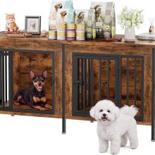 54 Inch Double Dog Crate Furniture for 2 Dogs, Gray Wood Grain - view 1 of 6 | NEWBULIG