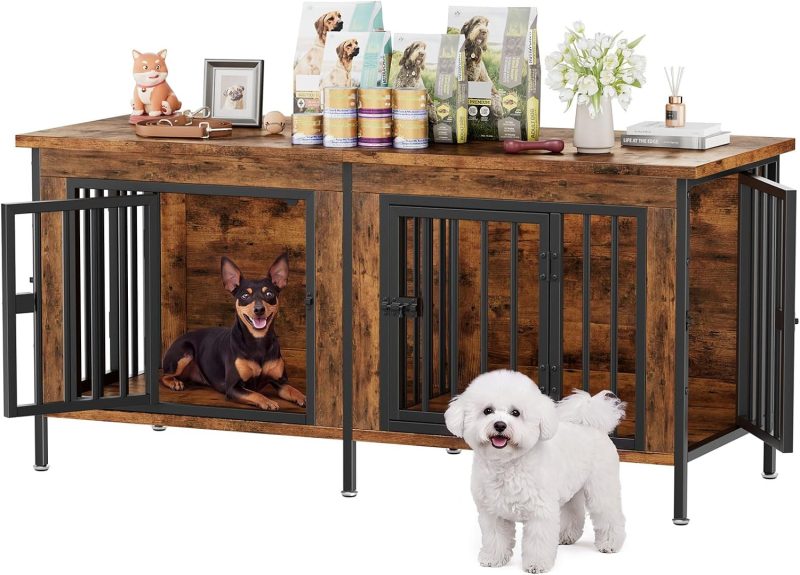 54 Inch Double Dog Crate Furniture for 2 Dogs, Gray Wood Grain - view 1 of 6 | NEWBULIG