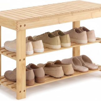 Shoe Rack Bench, 3-Tier Bamboo Shoe Organizer, Wooden Entryway Storage Bench, 286 lb Load Capacity, 11.2×27.6×17.9 Inches, for Entryway Bathroom Bedroom Balcony, Black - Wood | NEWBULIG