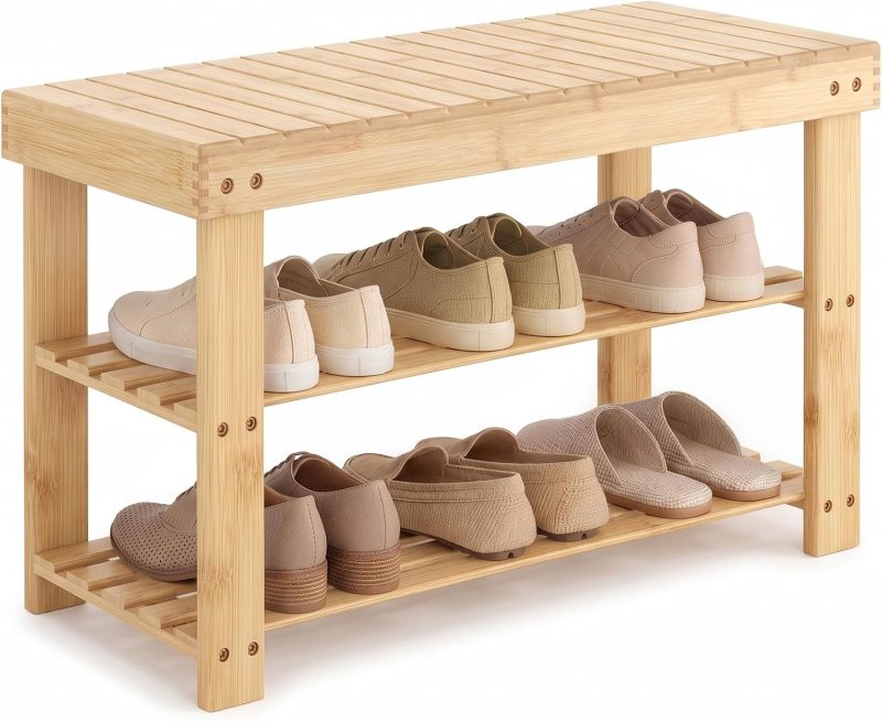 Shoe Rack Bench, 3-Tier Bamboo Shoe Organizer, Wooden Entryway Storage Bench, 286 lb Load Capacity, 11.2×27.6×17.9 Inches, for Entryway Bathroom Bedroom Balcony, Black - view 1 of 6 | NEWBULIG