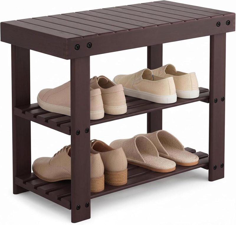 Shoe Rack Bench, 3-Tier Bamboo Shoe Organizer, Wooden Entryway Storage Bench, 286 lb Load Capacity, 11.2×27.6×17.9 Inches, for Entryway Bathroom Bedroom Balcony, Black - view 1 of 6 | NEWBULIG