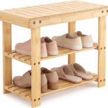Shoe Rack Bench, 3-Tier Bamboo Shoe Organizer, Wooden Entryway Storage Bench, 286 lb Load Capacity, 11.2×27.6×17.9 Inches, for Entryway Bathroom Bedroom Balcony, Black - view 1 of 6 | NEWBULIG