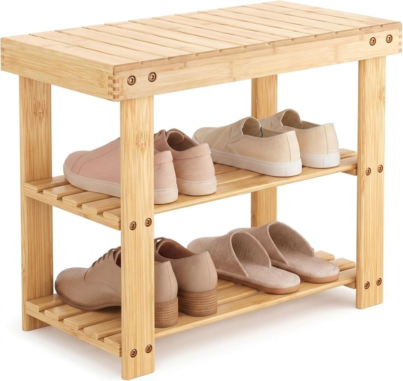 Shoe Rack Bench, 3-Tier Bamboo Shoe Organizer, Wooden Entryway Storage Bench, 286 lb Load Capacity, 11.2×27.6×17.9 Inches, for Entryway Bathroom Bedroom Balcony, Black - view 1 of 6 | NEWBULIG