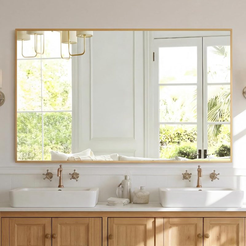 30 x 36 Inch Gold Rectangle Bathroom Mirror for Wall, Modern Wall Mirror with Metal Frame, Tempered Glass, Vanity Mirror for Over Sink, Entryway, Living Room, Anti-Rust, Horizontal or Vertical - view 1 of 6 | NEWBULIG