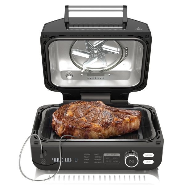 NEWBULIG Electric Grill Outdoor, Electric 8-in-1 BBQ Grill with Air Fryer, Roast, Steak, Broil, Bake, Vegetables, Reheat, Dehydrate, 140F-450F, 1550W, for Barbecue, Camping Gatherings