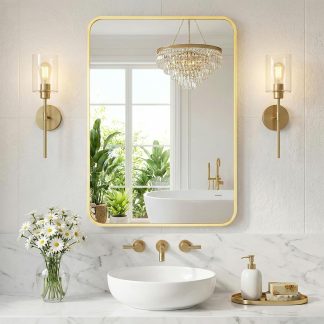 30 x 36 Inch Gold Rectangle Bathroom Mirror for Wall, Modern Wall Mirror with Metal Frame, Tempered Glass, Vanity Mirror for Over Sink, Entryway, Living Room, Anti-Rust, Horizontal or Vertical - Gold | NEWBULIG