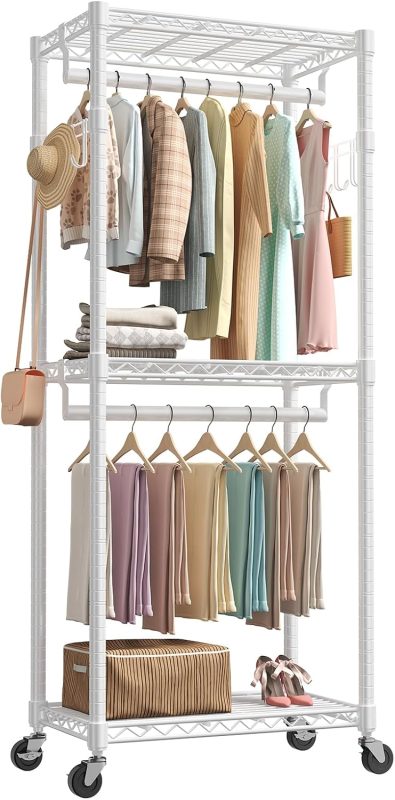 Heavy Duty Garment Rack with Wheels, 3-Tier Clothing Rack White - view 1 of 6 | NEWBULIG