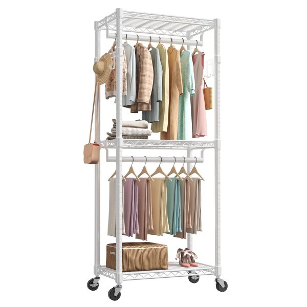 NEWBULIG Heavy Duty Garment Rack with Wheels, 3-Tier Clothing Rack White
