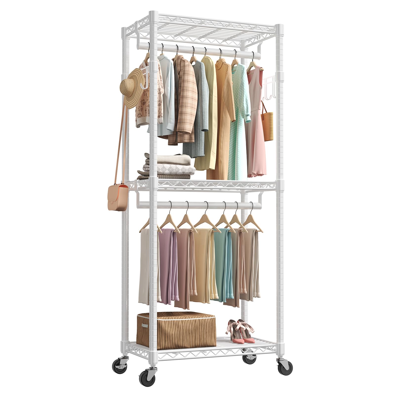NEWBULIG Heavy Duty Garment Rack with Wheels, 3-Tier Clothing Rack White