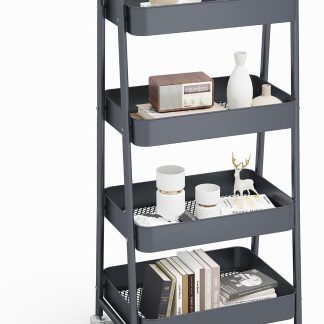 3-Tier Metal Rolling Cart with Lockable Wheels, Heavy Duty Mobile Utility Storage Shelf, Roller Book Snack Cart, Organization for Livingroom, Bathroom, Office, Pink - Gray | NEWBULIG