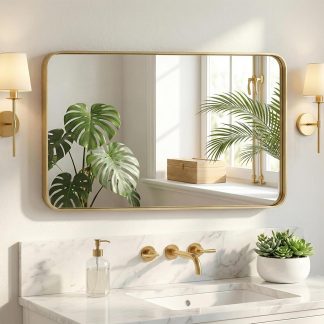 30 x 36 Inch Gold Rectangle Bathroom Mirror for Wall, Modern Wall Mirror with Metal Frame, Tempered Glass, Vanity Mirror for Over Sink, Entryway, Living Room, Anti-Rust, Horizontal or Vertical - Gold Frame-rec | NEWBULIG